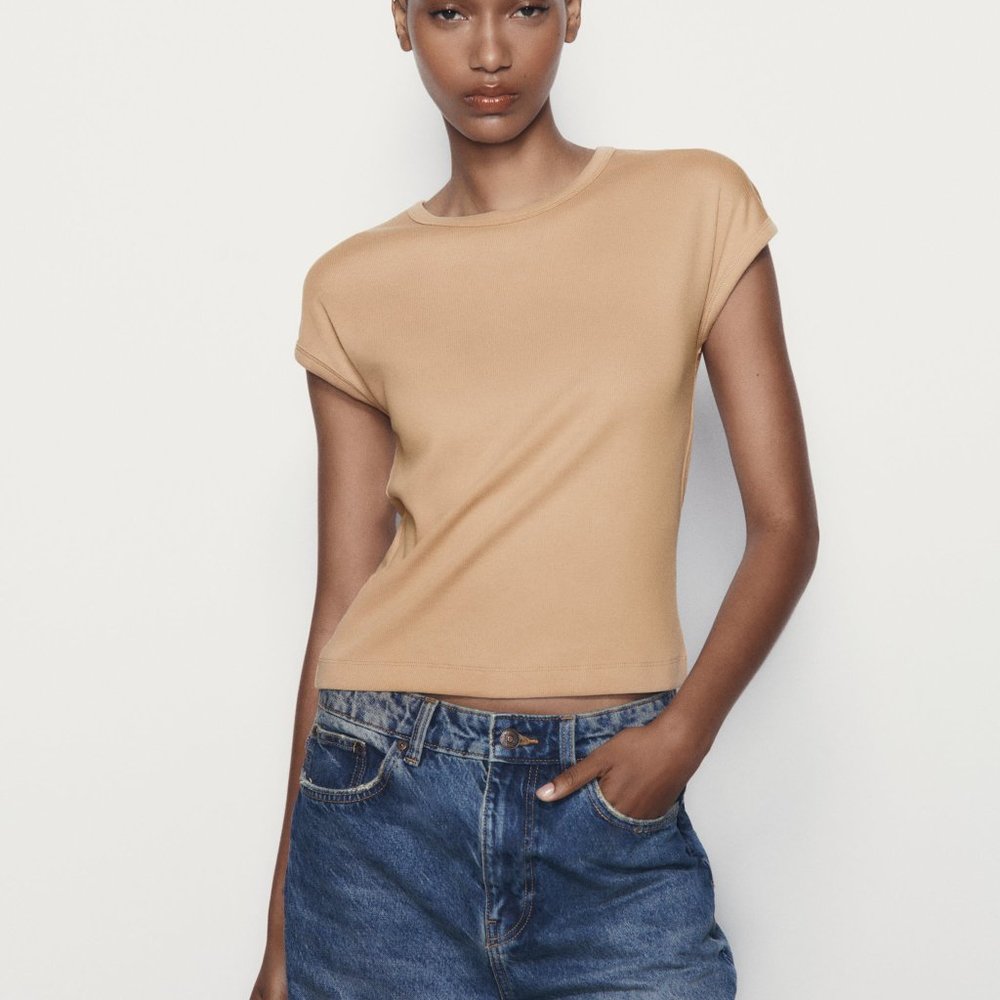 NWT ZARA RIBBED COTTON T-SHIRT BEIGE-PINK